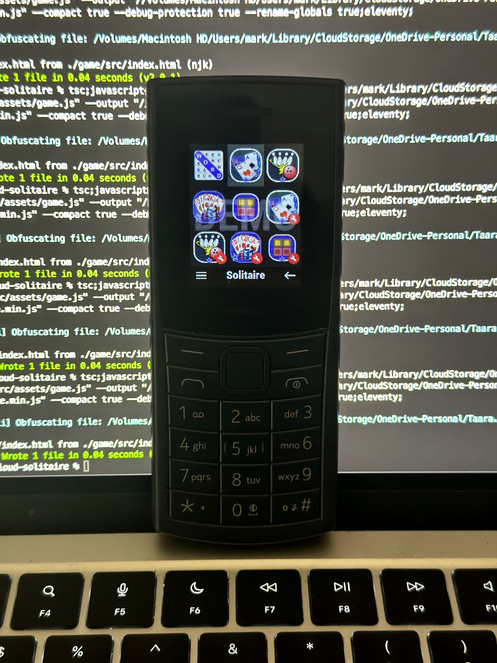 Photo of the Nokia TA-1563 running Cloud Phone showing published and dev icons of my games