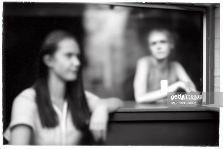 A blurry black and white ai generated photo of two women sitting with the Getty Images water mark.