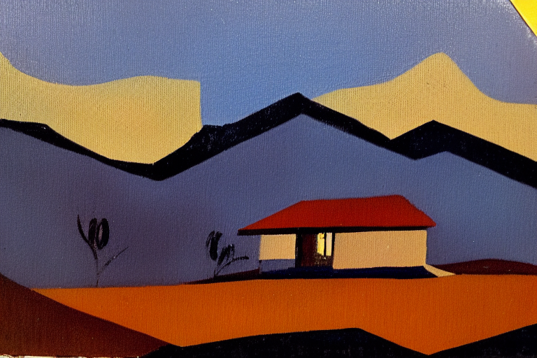 A simplified painting of a house in the mountains generated by AI.