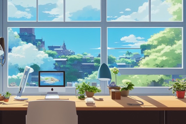 A painting of an iMac on a desk with potted planted peppered around the desk overlooking a large window with nature as it's backdrop.