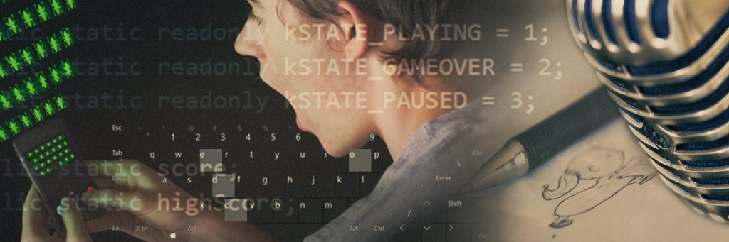 Retro magazine inspired image of a kid playing a game on a portable device.  In this case an iPhone.