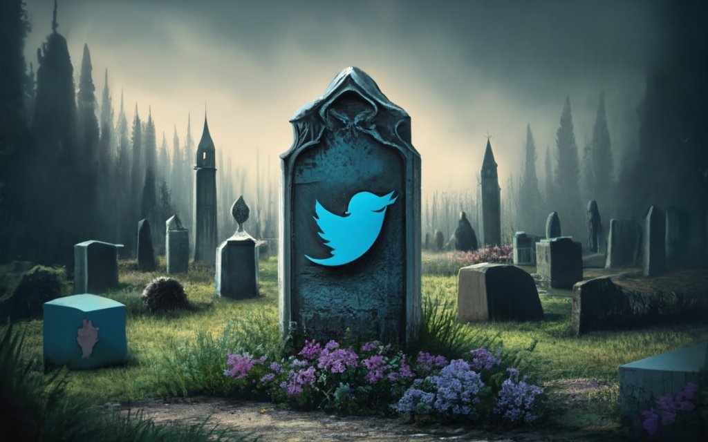 A digital painting of a graveyard and in it's center is a tombstone that looks like the old blue twitter logo.  Generated by ideogram.ai